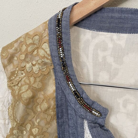 Gimmicks By BKE Top Womens L V-Neck 3/4 Sleeve Pullover Shirt Lace Beaded Boho - Picture 4 of 15